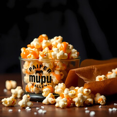 Sweet and crunchy caramel popcorn in a bowl on rustic background