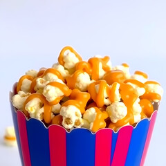 Sweet and crunchy caramel popcorn in a bowl on rustic background