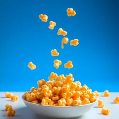 Sweet and crunchy caramel popcorn in a bowl on rustic background