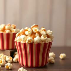 Sweet and crunchy caramel popcorn in a bowl on rustic background