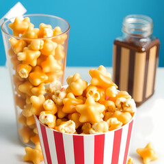 Sweet and crunchy caramel popcorn in a bowl on rustic background