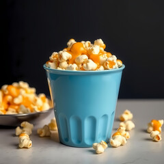Sweet and crunchy caramel popcorn in a bowl on rustic background