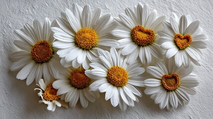 Obraz premium White Daisy Flowers Arrangement with Textured Backdrop, Floral Composition Featuring a Heart-Shaped Center Daisy, Nature Still Life.