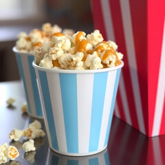 Sweet and crunchy caramel popcorn in a bowl on rustic background