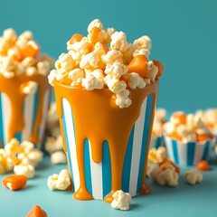 Sweet and crunchy caramel popcorn in a bowl on rustic background