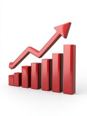 Red arrow curving upwards with bar chart in background, indicating growth and positive trend on a white backdrop. Showing progress.
