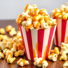 Sweet and crunchy caramel popcorn in a bowl on rustic background