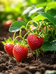 Fresh strawberry plants growing in soil under natural light during spring season for gardening enthusiasts, cut out