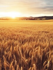 Obraz premium This image captures a golden wheat field bathed in the warm glow of sunset, showcasing a vast and serene scenic landscape with a distant horizon and rolling hills.