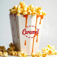 Sweet and crunchy caramel popcorn in a bowl on rustic background