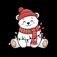  Polar Bear Wearing Red Striped Scarf and Beanie Wrapped in Glowing Christmas Lights on Black Background