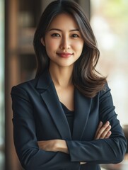 Fototapeta premium Confident asian businesswoman in office. Smiling female entrepreneur in formal suit with arms crossed. Successful woman manager, business coach poses in office interior. Modern leadership.