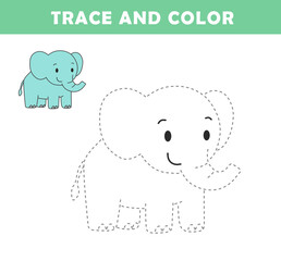 Trace and color for children. Handwriting practice. Coloring page for kids. Preschool worksheet with cute elephant illustration.