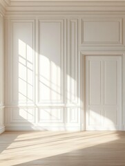 Fototapeta premium Sunlit elegance: Spacious room interior with classic white wall panelling