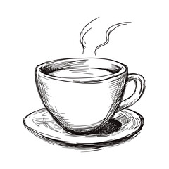Hand-drawn coffee cup with steam on saucer sketchy concept  