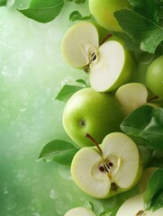 AI Image. Seasonal banner with fresh sliced apples on a green background with copy space