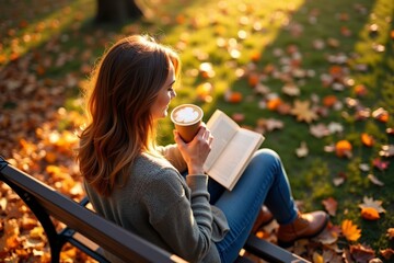 A woman enjoying a pumpkin spice latte on a park bench surrounded by autumn leaves while reading a book