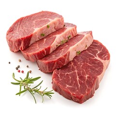 Fototapeta premium Four raw beef steaks isolated on white background