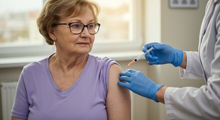 Elderly Woman Receives Vaccination Injection in Arm, Medical Professional Administering Vaccine