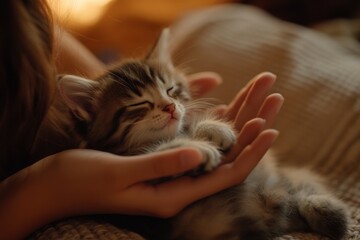 Obraz na płótnie Canvas Little girl gently pets a sleeping kitten during a cozy afternoon at home, Little girl hand petting stroking and playing with cute kitten at home