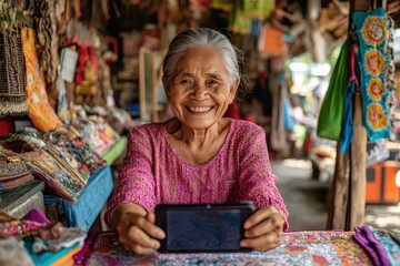 Smiling elderly woman proudly showcases her craft work in a colorful market setting, Elderly woman smiling, taking photo of her craft work
