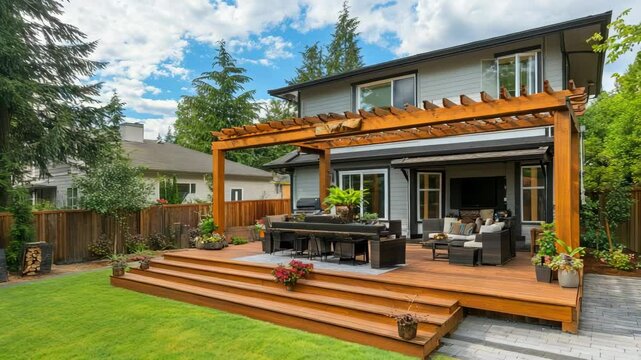 Backyard view of house featuring large wooden deck, cozy patio area, and a stylish attached pergola