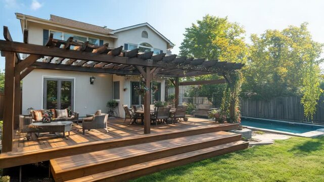 Backyard view of house featuring large wooden deck, cozy patio area, and a stylish attached pergola