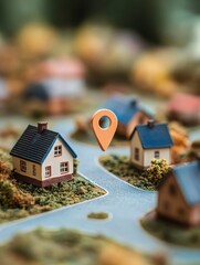 Miniature homes with location marker in focus.