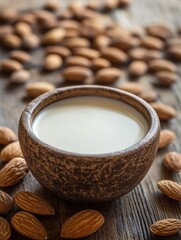 Almond milk in a rustic bowl surrounded by almonds on a wooden table highlighting clean eating and vegan healthy lifestyle concepts