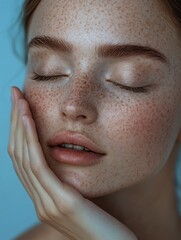 Fototapeta premium Close-up of a young woman with freckles enjoying a spa treatment with her eyes closed touching her face, radiating beauty and relaxation. Copy space light blue background. dermatology and. skincare