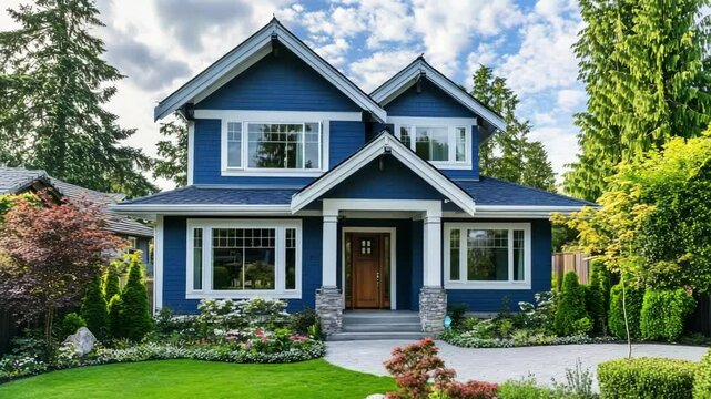 Charming blue and white suburban home with pitched roof, large windows, and lush garden bathed in soft morning light, perfect for classic home visuals