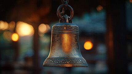 Old bronze bell on wall in church and street setting