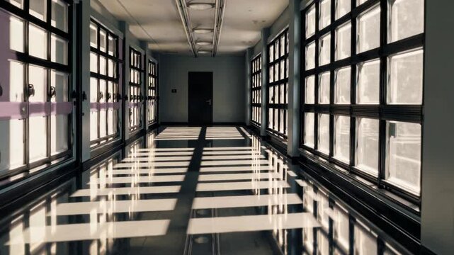 Illuminated hallway with long shadows in an empty building in the afternoon