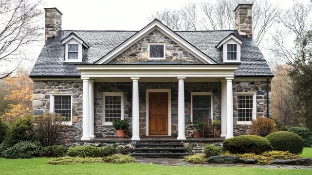 Charming Georgian cottage with stone cladding, wooden door, gabled porch, and classic columns