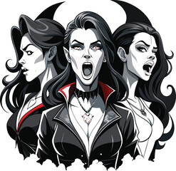 Three Vampire Women with Fangs and Red Eyes in Black and White