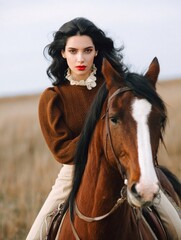 Fototapeta premium A stylish woman in a brown sweater rides a chestnut horse in a field. The image evokes feelings of freedom and elegance, perfect for fashion or equestrian brands.