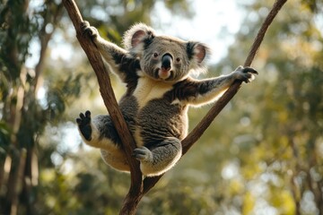 Obraz premium Koala bear jumps from tree branch while climbing in natural habitat during daytime, Koala bear on tree branch jumps away while climbing trees in Australia forest