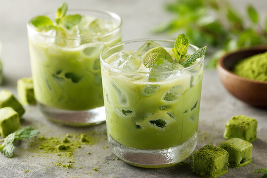 Ready for drink with ice matcha latte green tea . AI generative