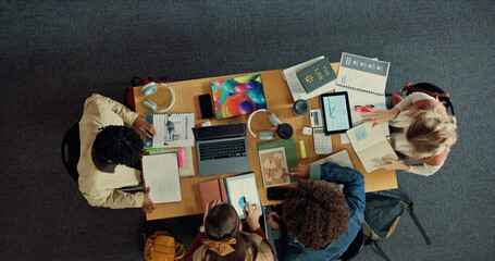 Above, study group and research with friends in library for college project, team or education....