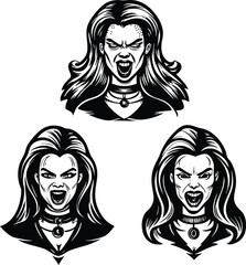 Three Angry Vampire Women with Long Hair in Black and White