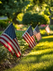 American flags in vibrant garden, summer daylight, Independence Day patriotic decor