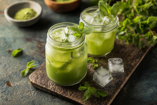 Ready for drink with ice matcha green tea . AI generative