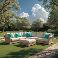 Fototapeta premium garden furniture in garden. lounge chairs in a garden.