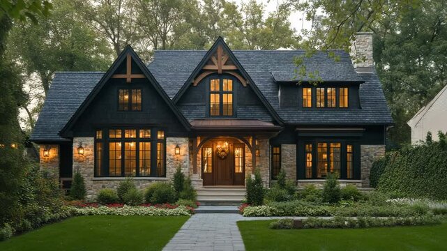 Classic cottage exterior featuring gabled entry, wood and stone details in Georgian architectural style