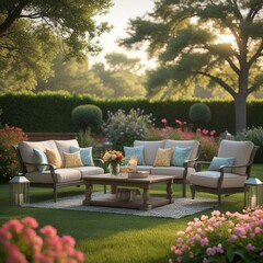 Obraz premium garden furniture in garden. lounge chairs in a garden.