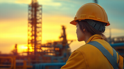Female worker observing oil platform at sunset.