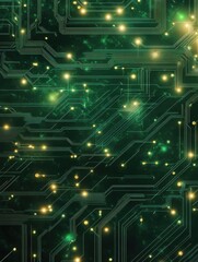 Obraz premium Green circuit board pattern with connecting lines and nodes abstract technology background. The composition offers versatility for layout design or product display.