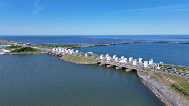 Aerial video from the Lorentz sluices at the Afsluitdijk in the Netherlands