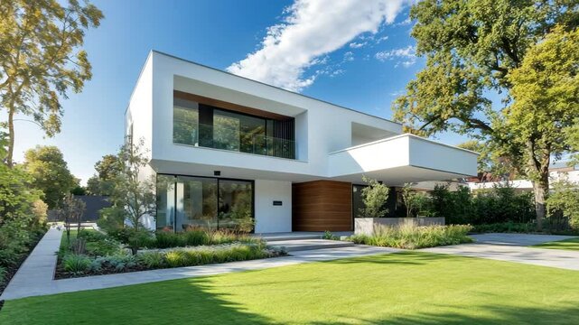 Compact modern home with white facade and green front lawn in peaceful suburb