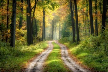 Fototapeta premium Winding pathway through a tranquil autumn forest filled with vibrant colors and morning light, The road way through the autumnal forest natural way, Tropical forest nature field path way